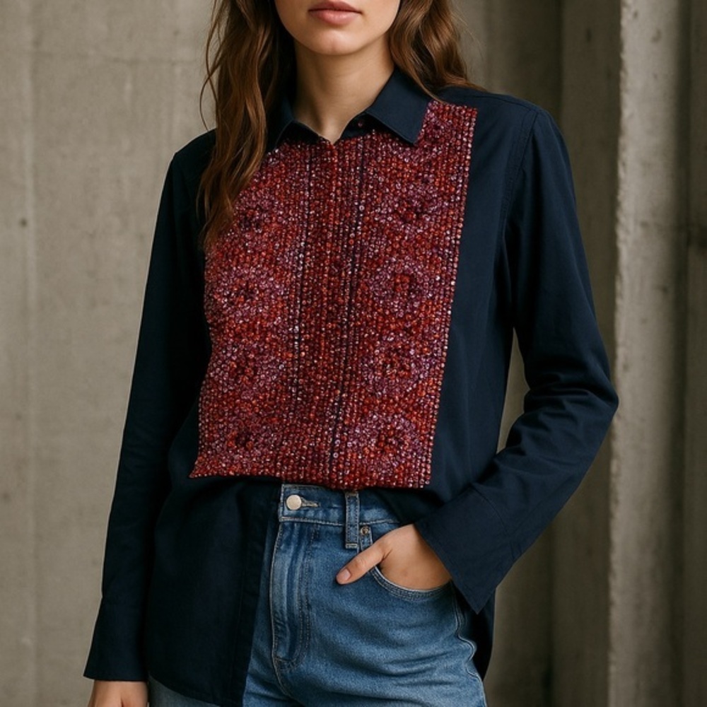 Embroidered Panel Tunic Top - Navy with Red Front